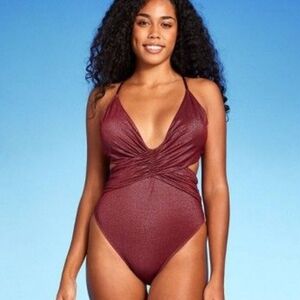 SHADE & SHORE WOMEN'S BURGUNDY SPARKLY ONE-PIECE SWIMSUIT.SMALL/ NWT